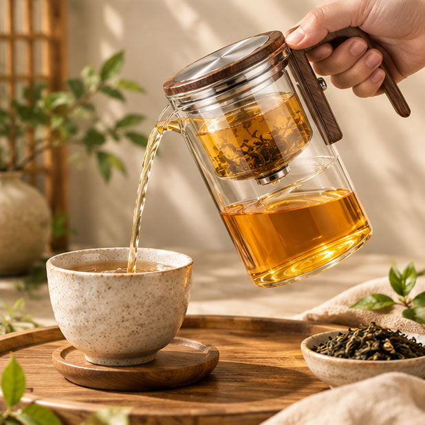 One-Click Magnetic Glass Teapot with Wooden Handle