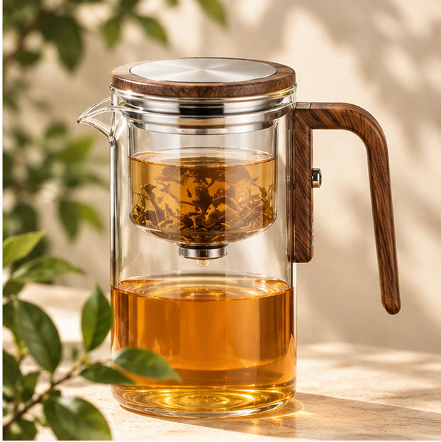 One-Click Magnetic Glass Teapot with Wooden Handle