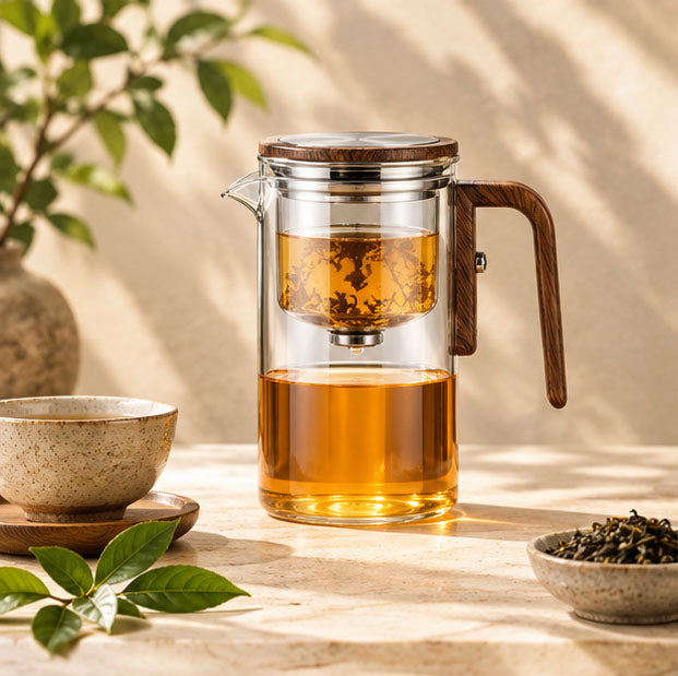 One-Click Magnetic Glass Teapot with Wooden Handle
