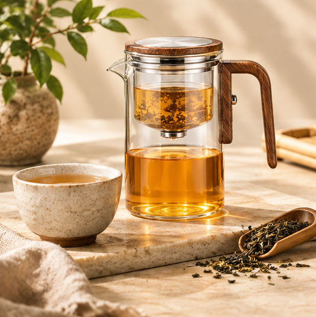 One-Click Magnetic Glass Teapot with Wooden Handle